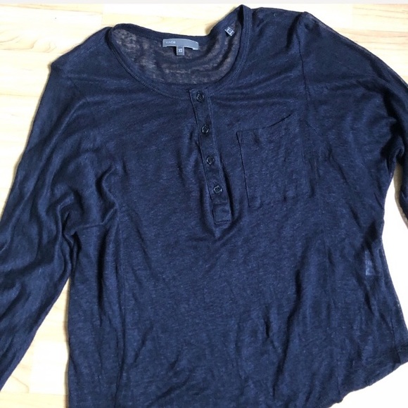 Vince Sheer Navy Linen Long Sleeve V Neck - Picture 4 of 7